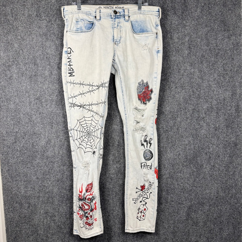 Ninth Hall Rouge Mens Skinny Graphic Grunge Punk Edgy Skater Jeans Sz 36x32